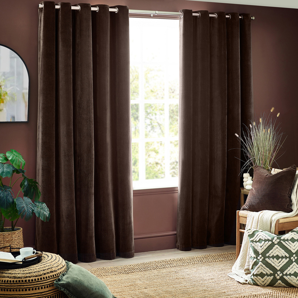 Yard Brown Heavy Chenille Velvet Eyelet Curtain 183 x 168cm Image 1