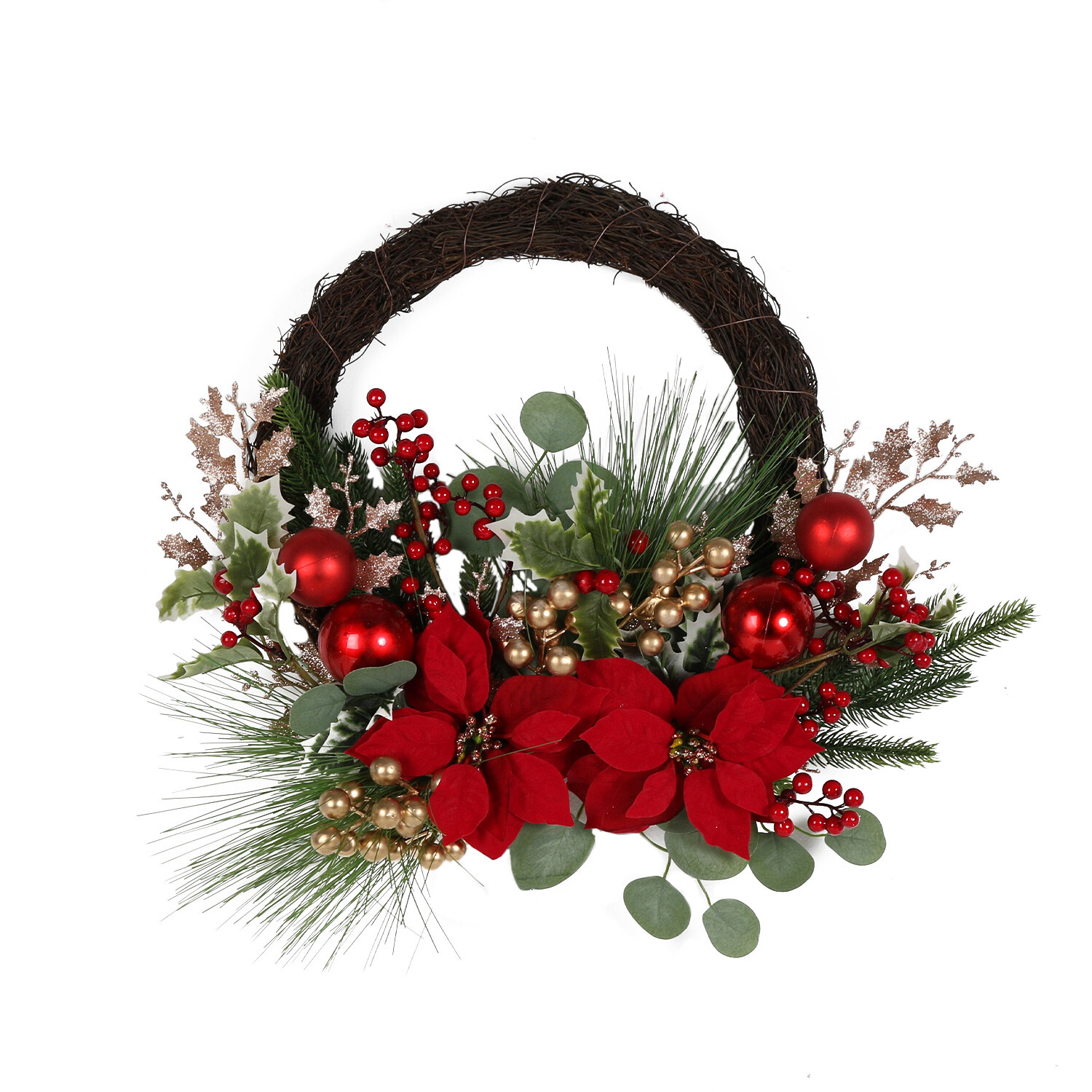 Red Poinsettia Crescent Christmas Wreath Image