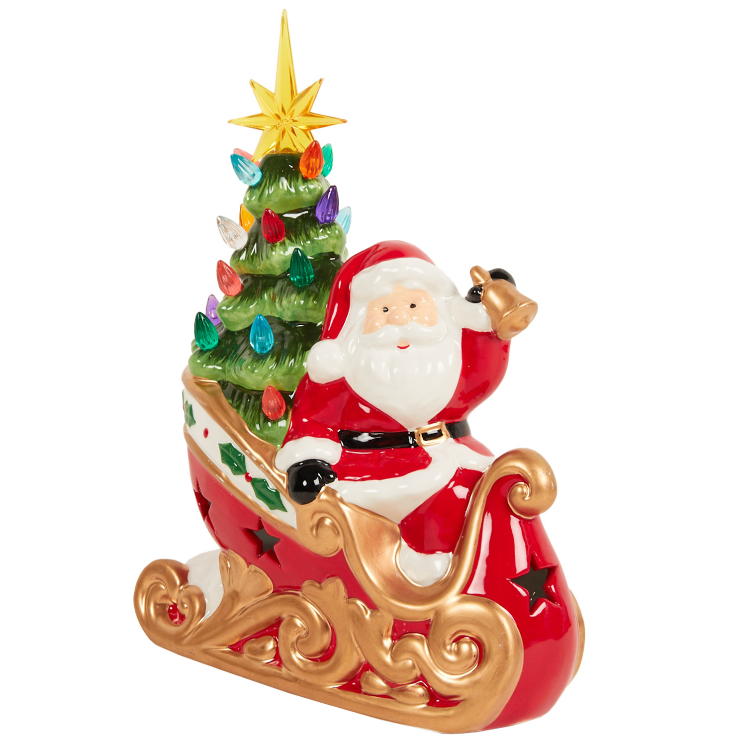Xmas Ceramic Santa with LED Tree On Sled - Multicolour Image 4