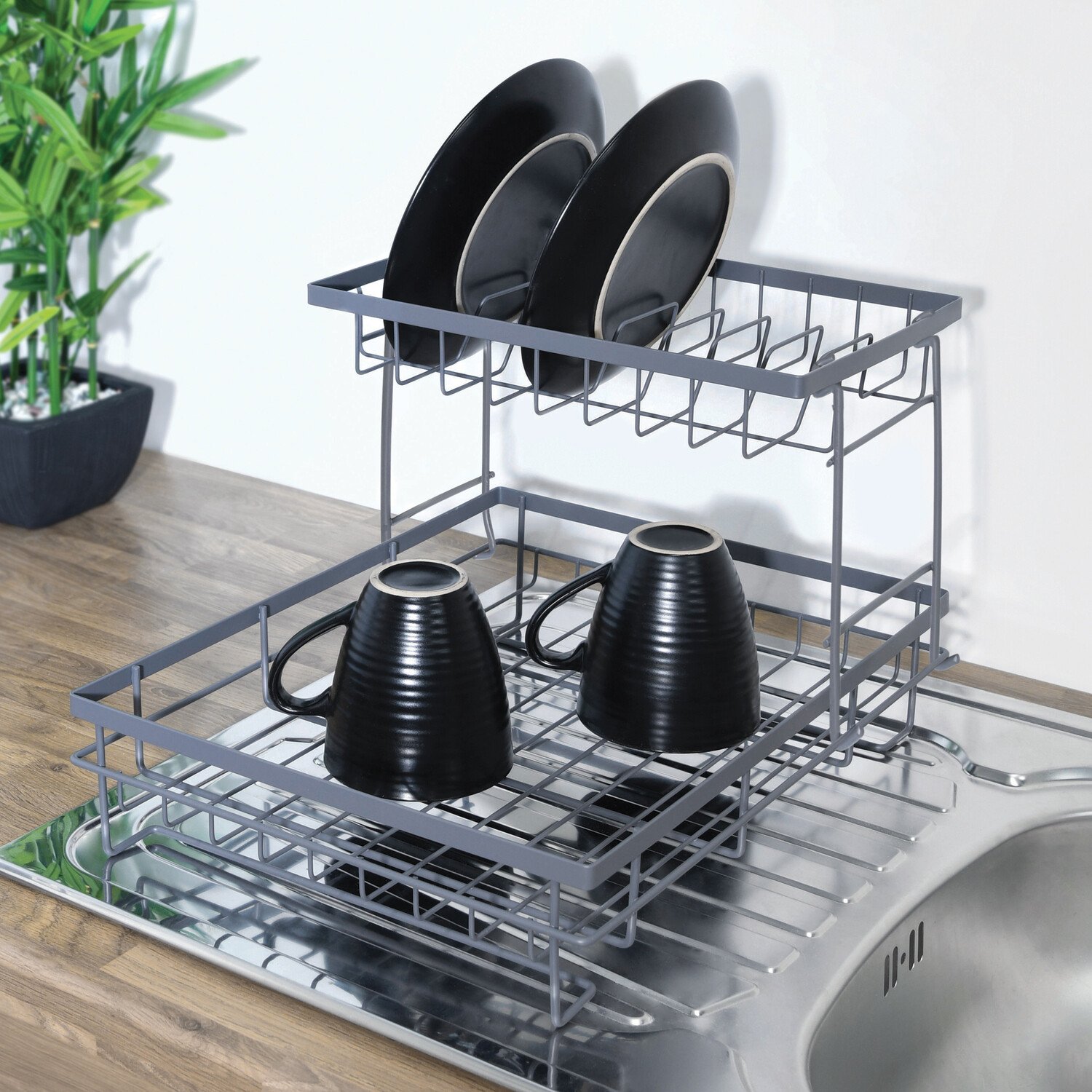 Graphite 2 Tier Dish Drainer with Grey Tray Graphite Grey Image 1