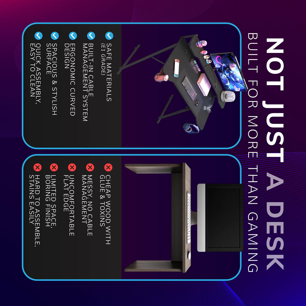 House of Home Carbon Fibre Top Computer Gaming Desk with Monitor Stand Black Image 8