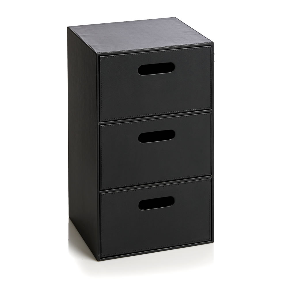 Wilko Black 3 Drawer Faux Leather Storage Tower Image 1