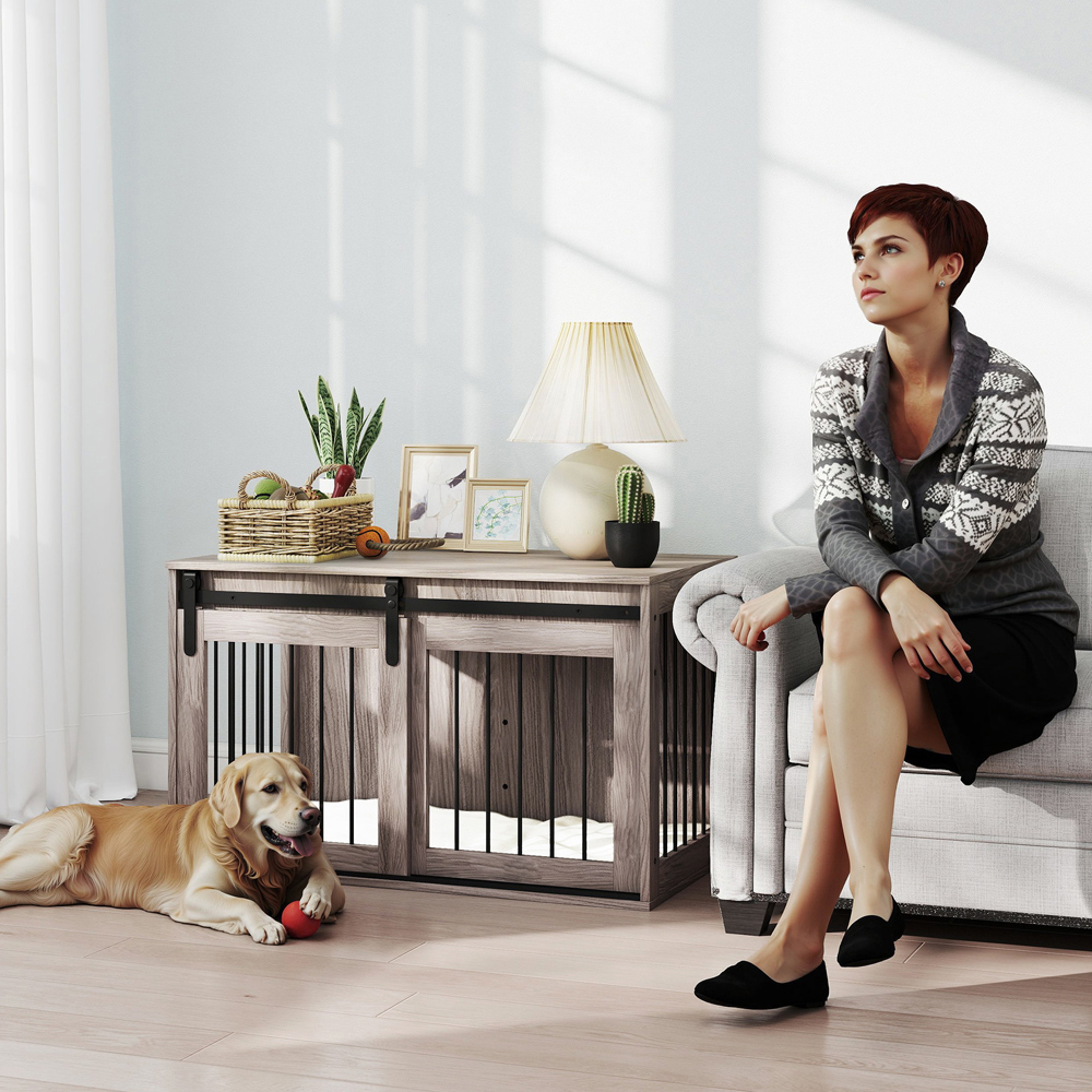 PawHut Brown Dog Crate End Table with Cushion 98cm Image 3