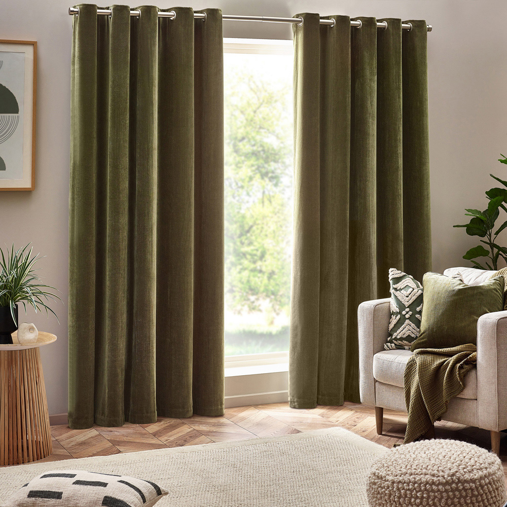 Yard Olive Heavy Chenille Velvet Eyelet Curtain 229 x 137cm Image 1