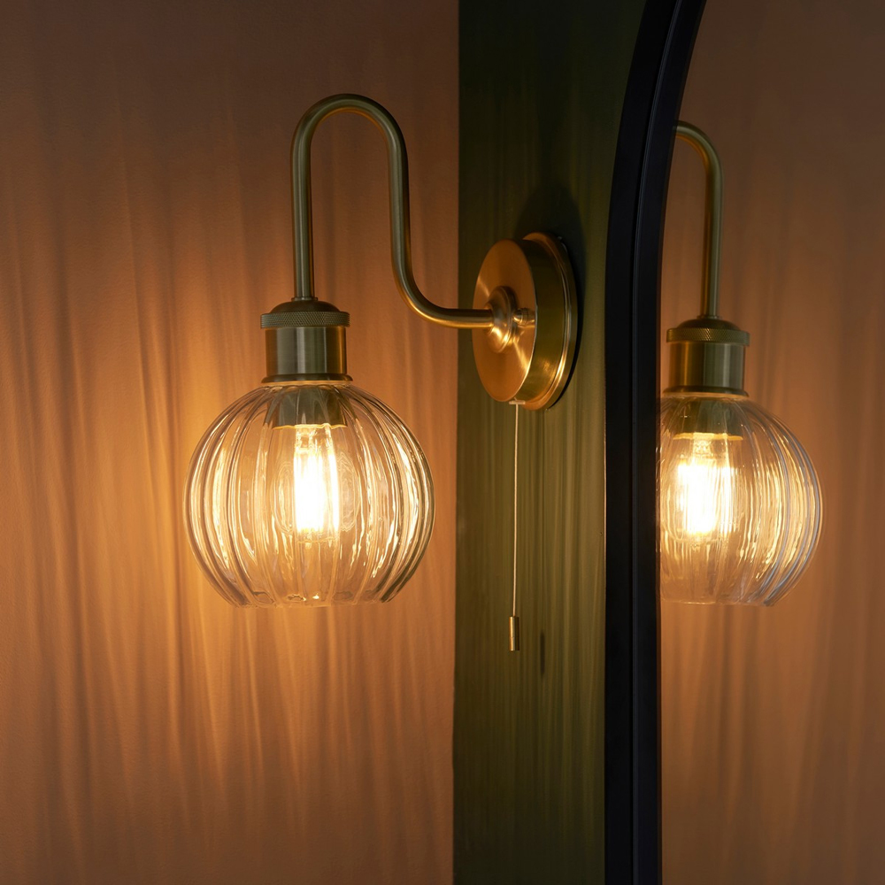 Merano Marsala Ribbed Glass Satin Brass Plate Bathroom Wall Light Image 7
