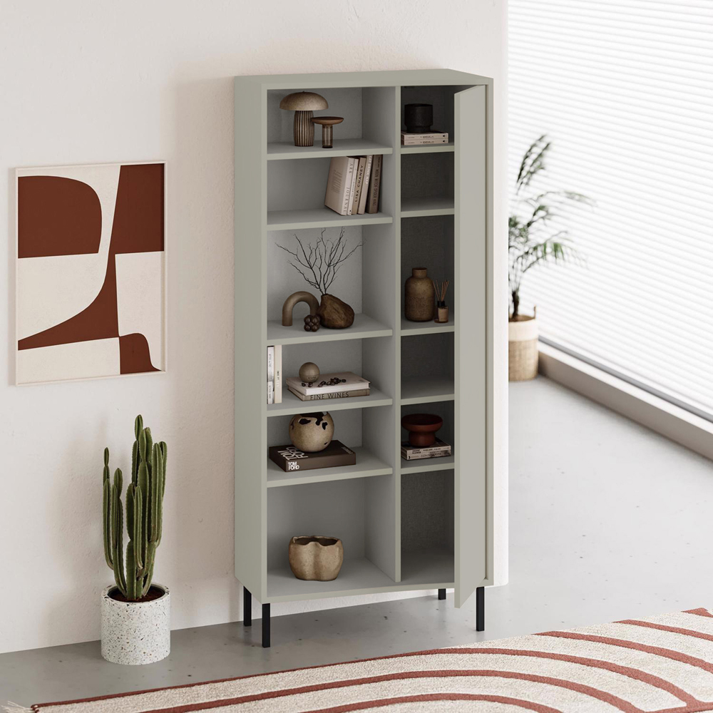 FWStyle Single Door 6 Shelf Ash Green Curved Modern Bookcase Image 3
