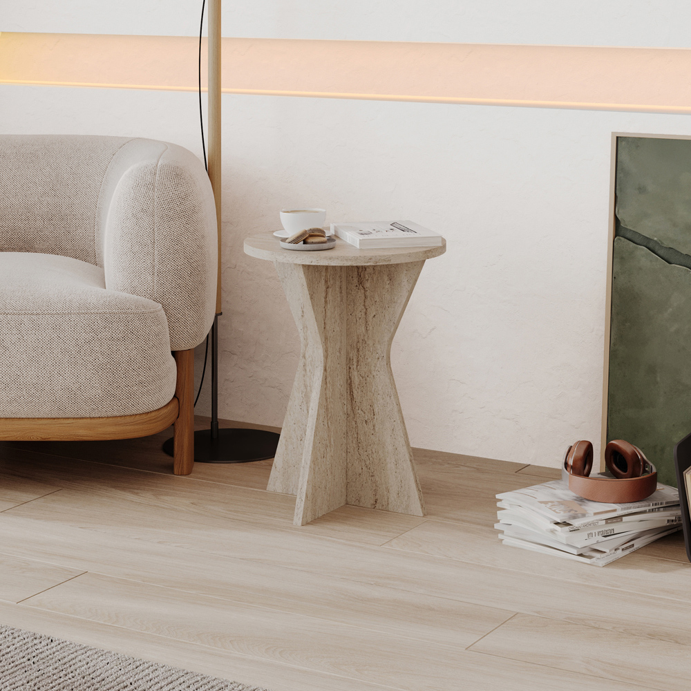 Decortie Lisa Travertine Geometric Pedestal Base Round Side Table Image 4