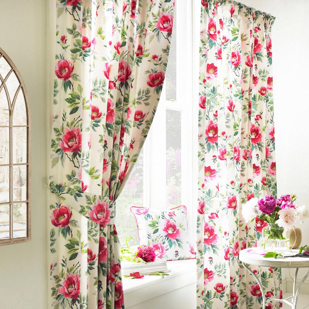 furn. Peony Fuchsia Floral Pencil Pleat Curtain 168 x 183cm Image 1