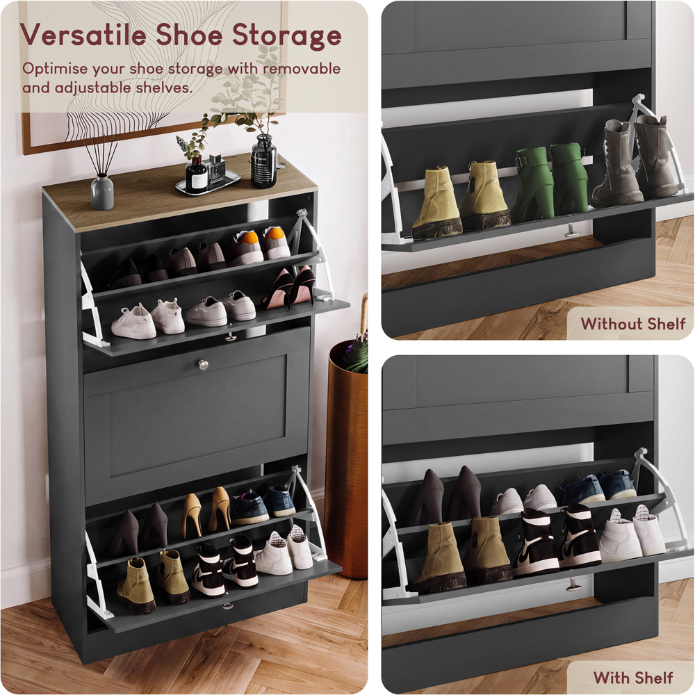 Vida Designs Altino 3 Flip Down Drawer Charcoal Grey and Oak Shoe Cabinet Image 8