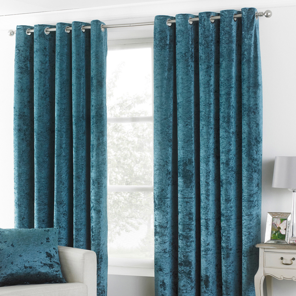 Paoletti Verona Teal Crushed Velvet Eyelet Curtain 137 x 168cm Image 1