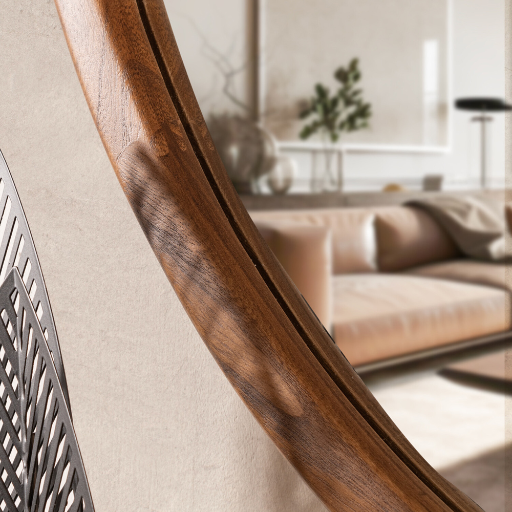 Solid Dark Wood Round Mirror Brown Image 2