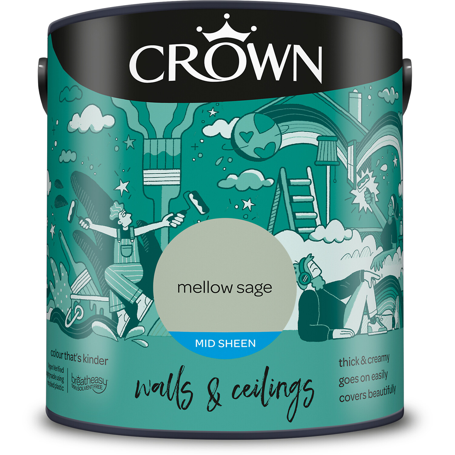 Crown Walls & Ceilings Mellow Sage Mid Sheen Emulsion Paint 2.5L Image 2