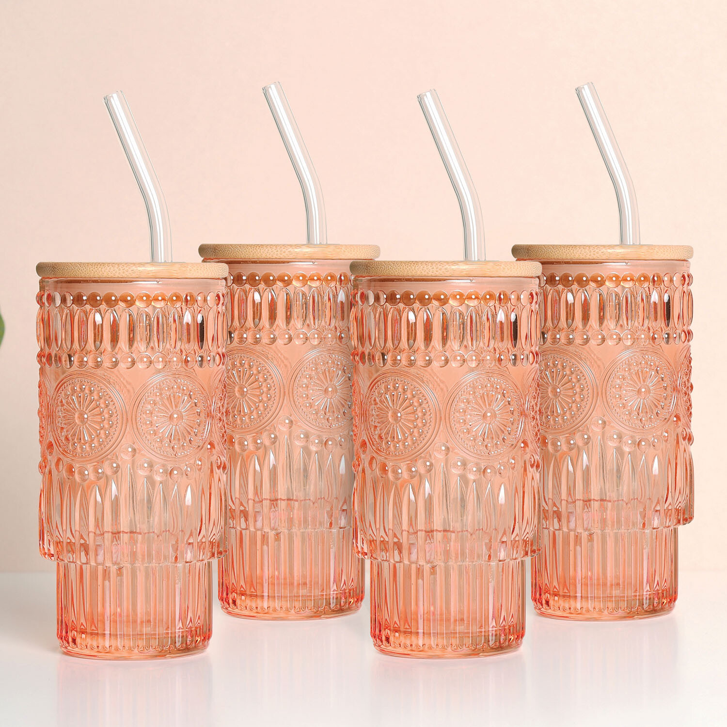 Pack of 4 Peach Boho Tumblers with Lid and Straw - Peach Image 2