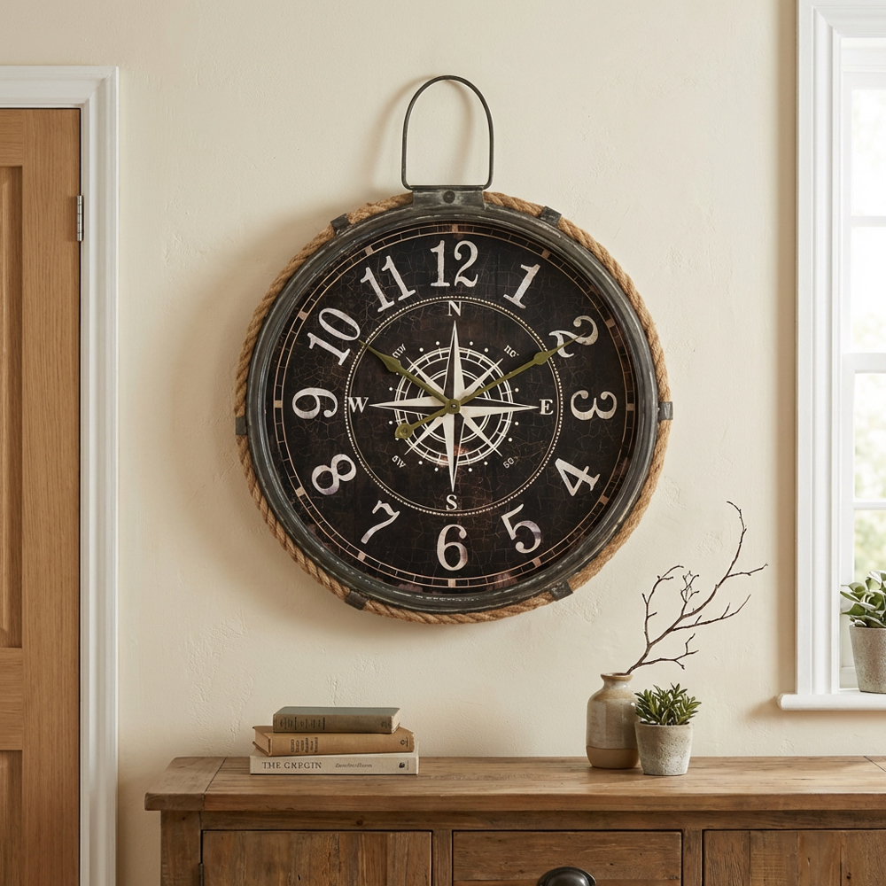 Brown Nautical Compass Round Wall Clock 58cm Image 3