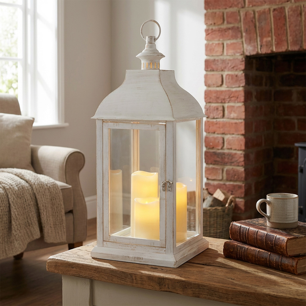 White Washed Triple LED Lantern Image 2
