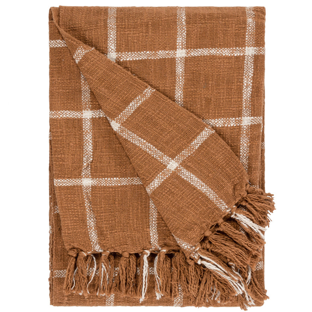 Yard Beni Ginger and Natural Checked Fringed Throw 130 x 180cm Image 1