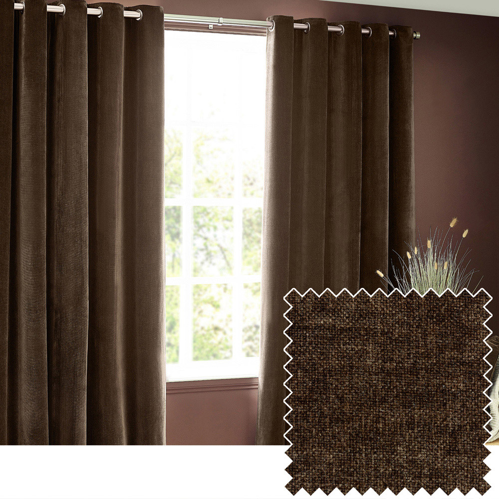 Yard Brown Heavy Chenille Velvet Eyelet Curtain 117 x 137cm Image 2
