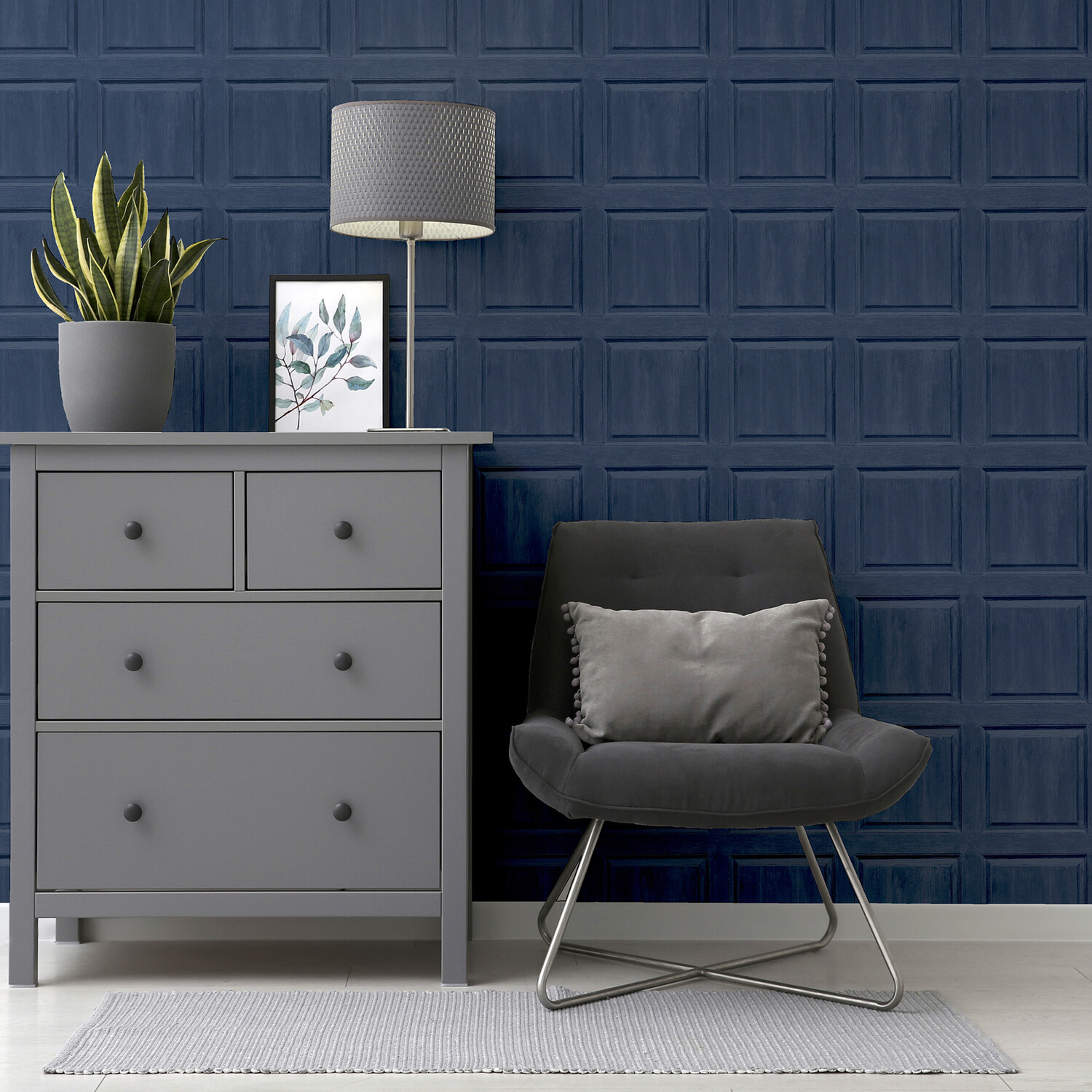 Washed Panelled Wallpaper - Navy Image 4