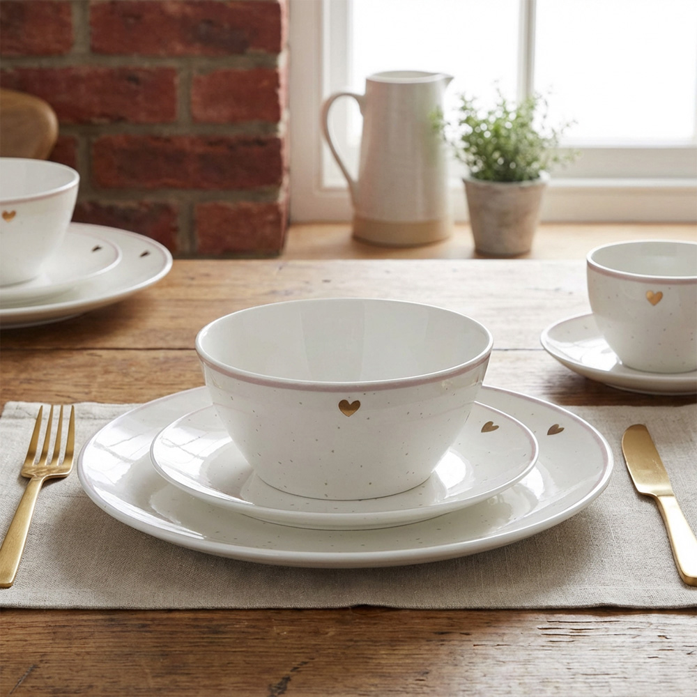12 Piece Gold Heart Dinnerware Set - White Image 7