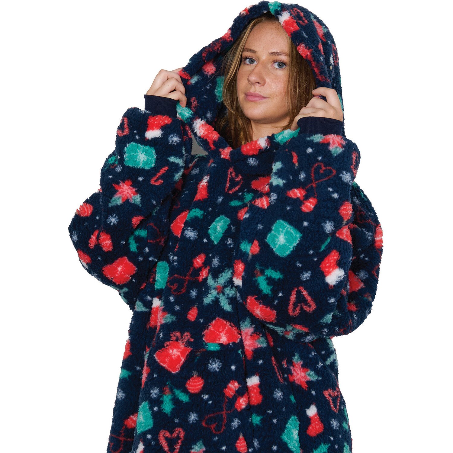 Festive Christmas Sherpa Hoodie Navy 78cm Image 4