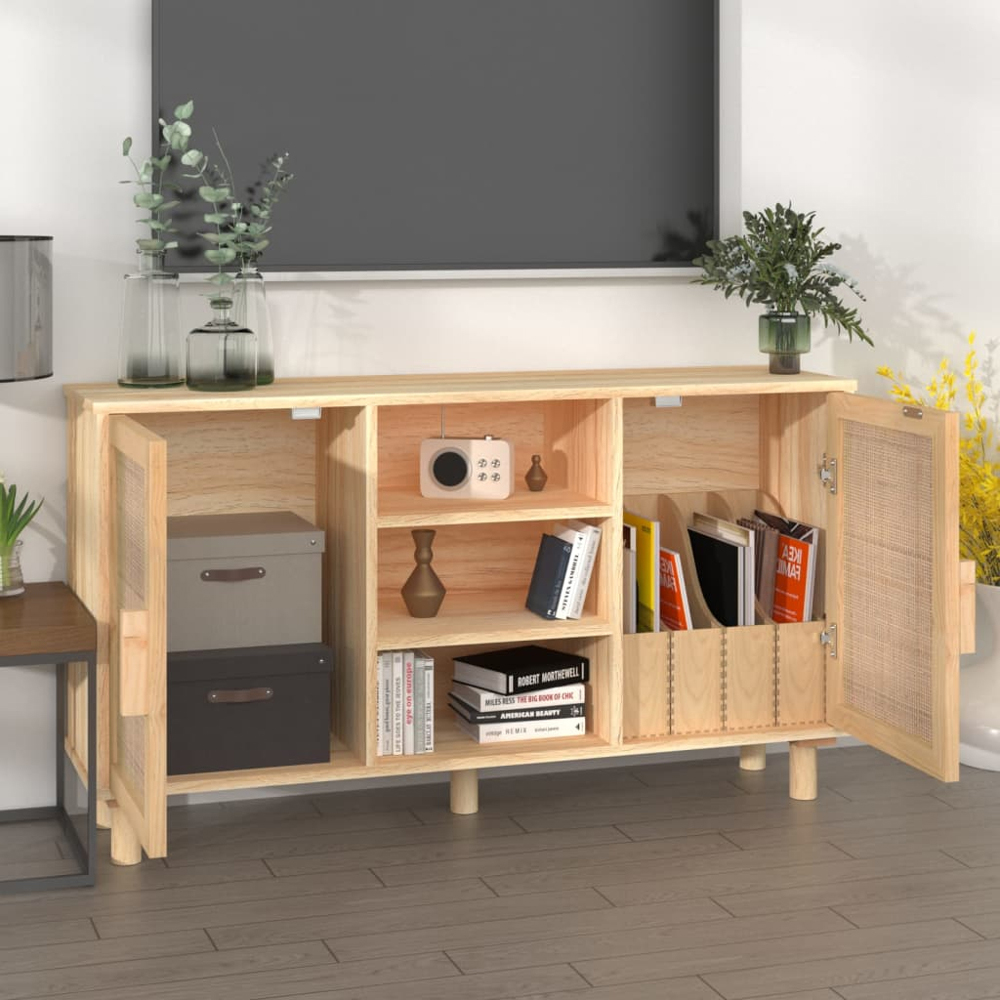 vidaXL 2 Door 3 Open Shelf Solid Wood Pine and Natural Rattan Sideboard Image 7