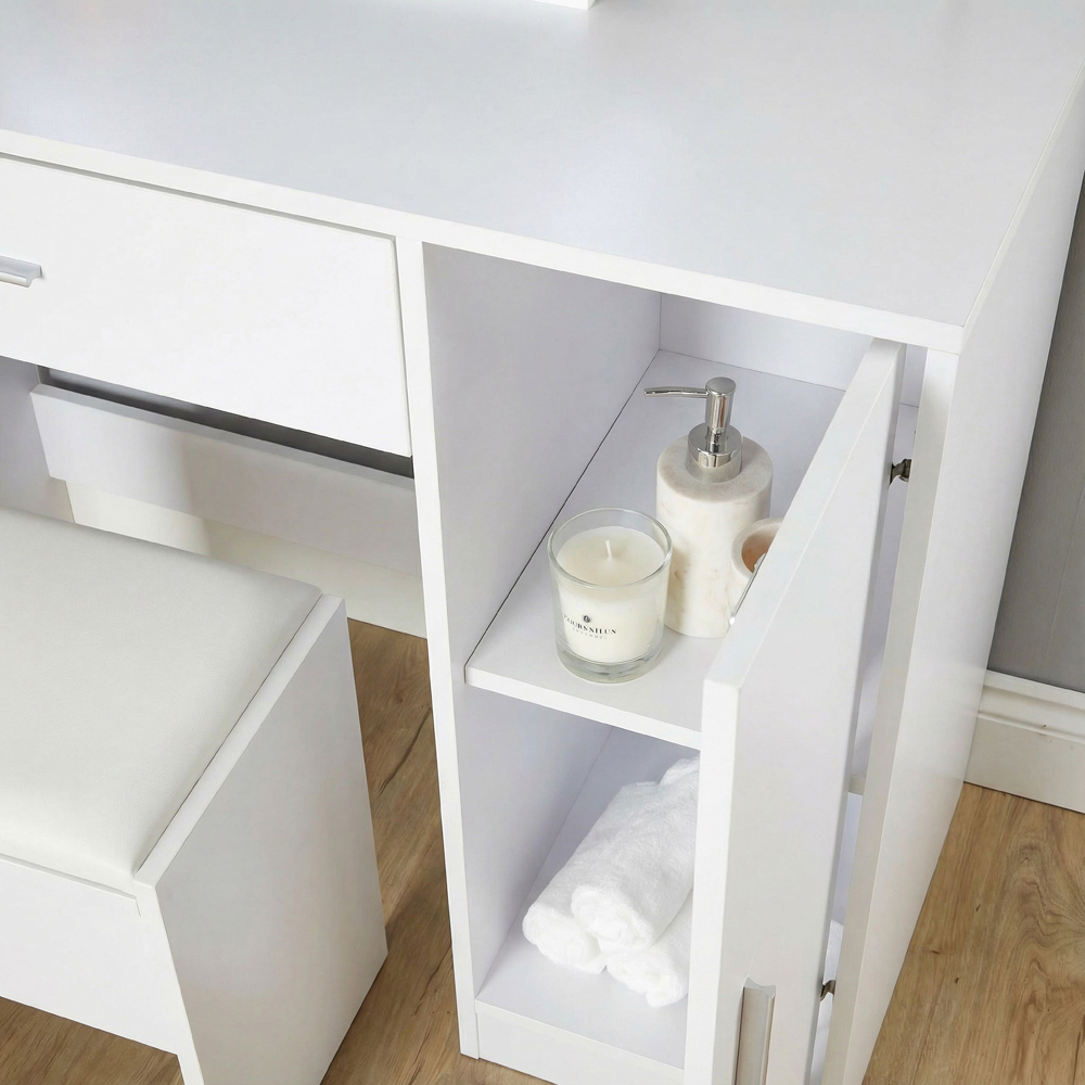 Home Source Sophie Single Door Single Drawer White Hollywood Dressing Table Set with LED Mirror Image 8