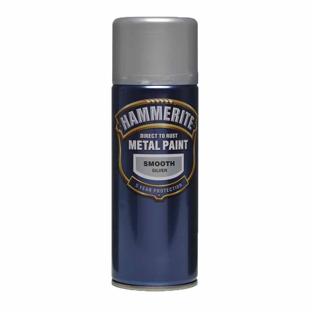 Hammerite Smooth Silver Direct to Rust Metal Exterior Paint 400ml  - wilko Hammerite Direct to Rust Metal Paint is specially formulated to perform as a primer, undercoat and topcoat. Should be applied directly to  rust and will  stop it from recurring. Formulated to perform as a primer, undercoat and topcoat in one. Use directly on rust, prevents new  rust occurring.  Very high  VOC  content. Solvent based paint. May produce an allergic reaction. WARNING Extremely flammable. Harmful to  aquatic organisms. Keep out of reach  of  children. Always read instructions. Coverage up to 0.5 square metre.