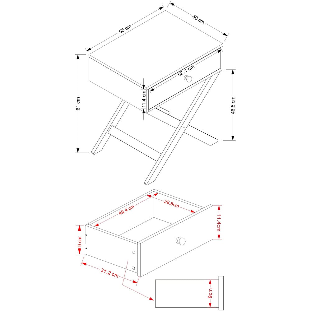 Leighton Single Drawer White X Legs Bedside Table Image 7
