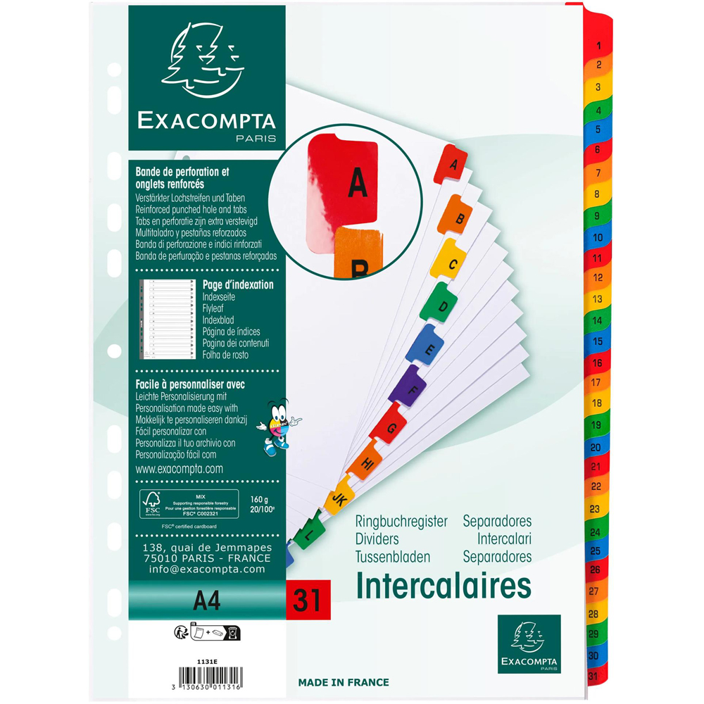 Exacompta A4 White 1-31 Divider with Multicolour Tabs 10 Pack Image 2