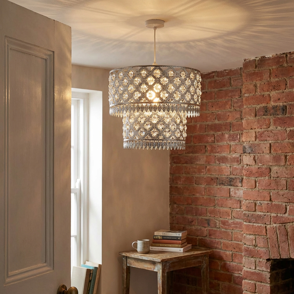 Silver Crystal Leaf Tip Tier Pendant Shade Image 5