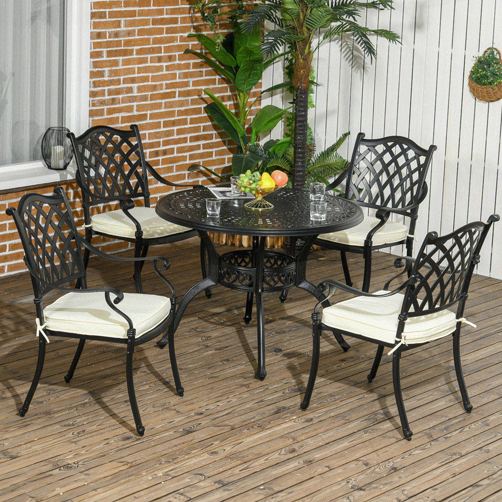 Outsunny Cast Aluminium 4 Seater Outdoor Dining Set with Cushions Parasol Hole Image 1