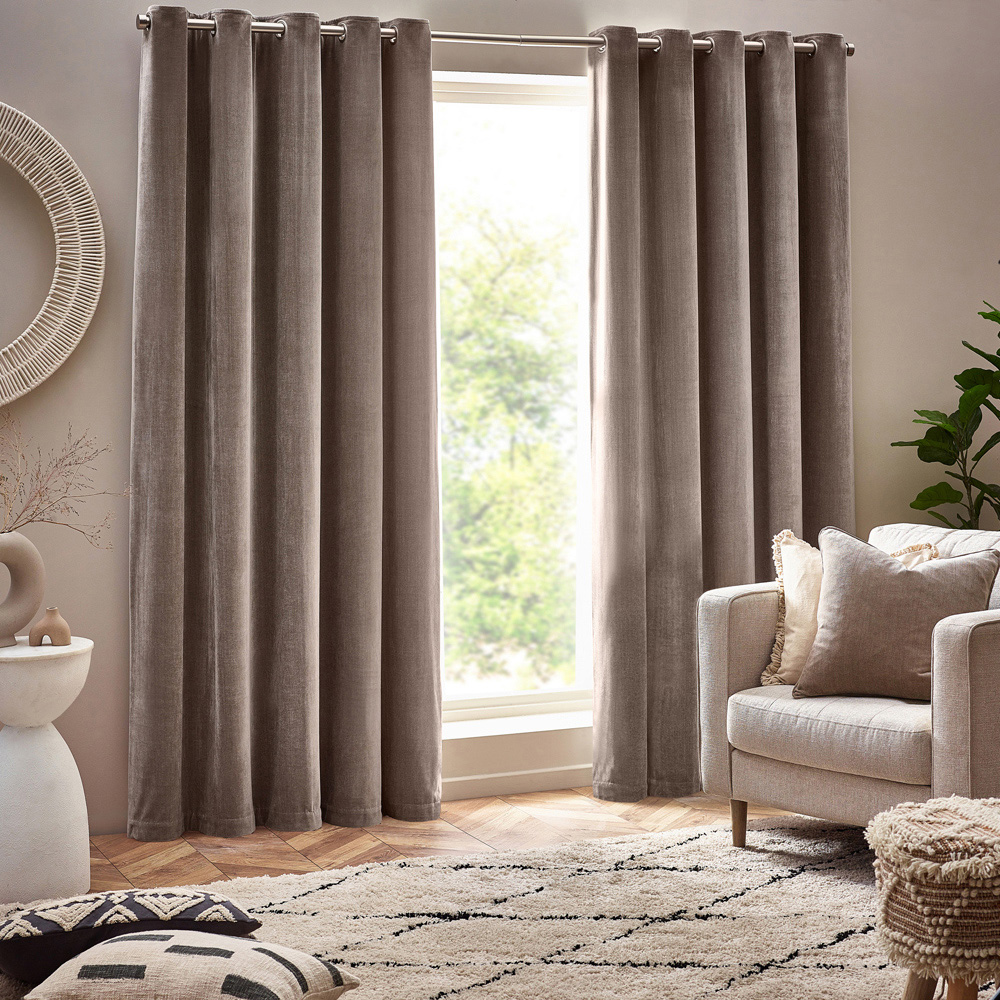 Yard Greige Heavy Chenille Velvet Eyelet Curtain 229 x 137cm Image 1