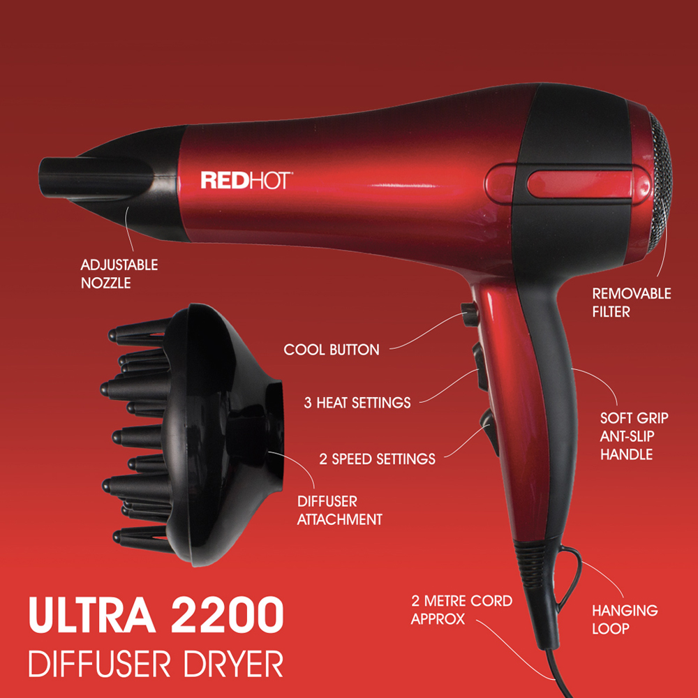 Red Hot Red Professional Hair Dryer with Diffuser Image 7