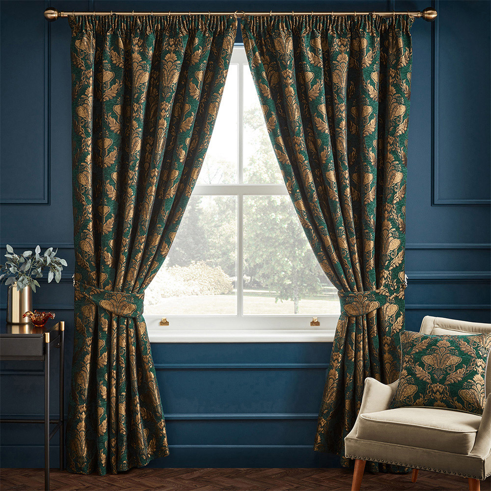 Paoletti Shiraz Emerald Floral Jacquard Pencil Pleat Curtain 229 x 168cm Image 1