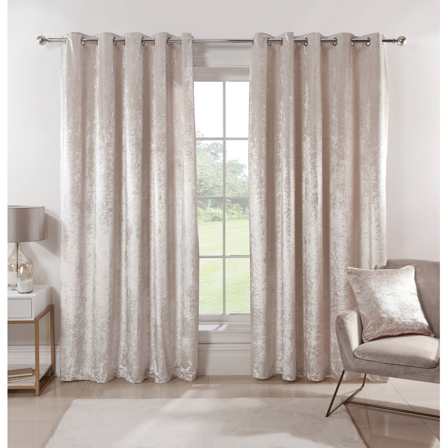Divante Ivory Crushed Velvet Eyelet Curtains 168 x 229cm Image 1