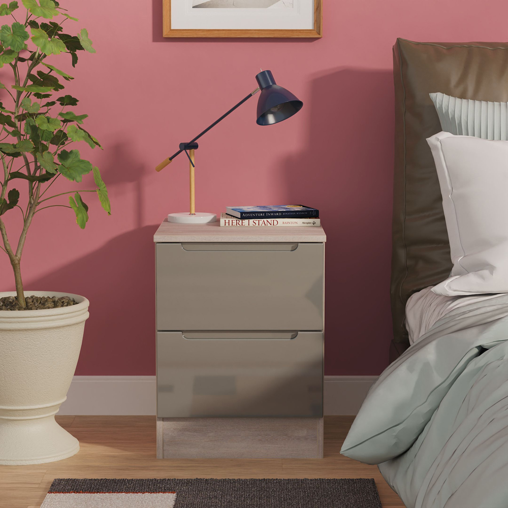 Crowndale Milan 2 Drawer Grey Gloss and Grey Oak Compact Bedside Cabinet Ready Assembled Image 7