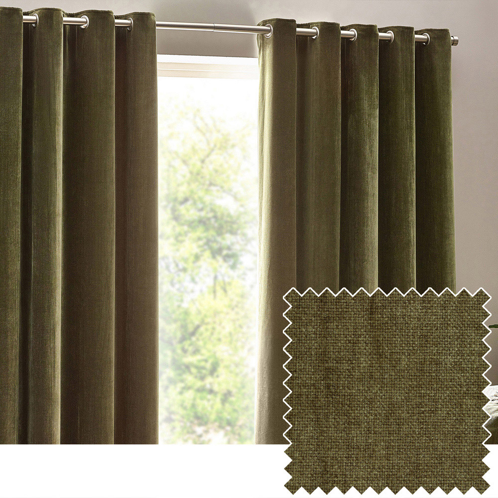 Yard Olive Heavy Chenille Velvet Eyelet Curtain 168 x 183cm Image 2