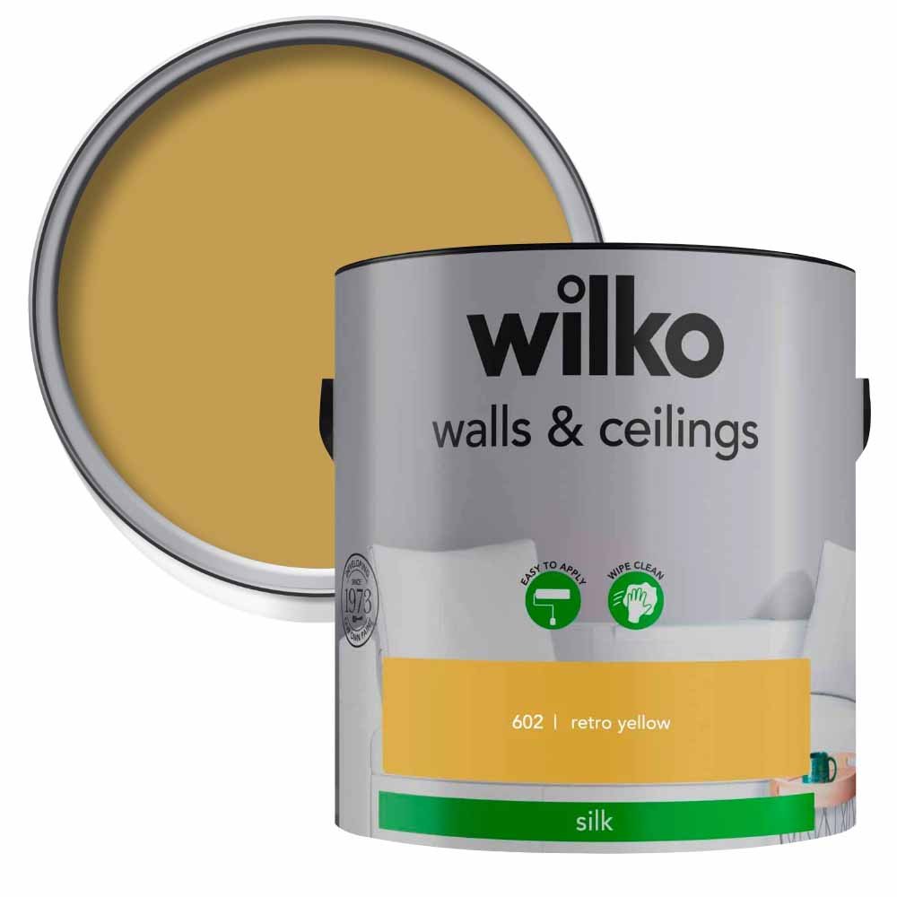 Wilko Walls & Ceilings Retro Yellow Silk Emulsion Paint 2.5L Image 1