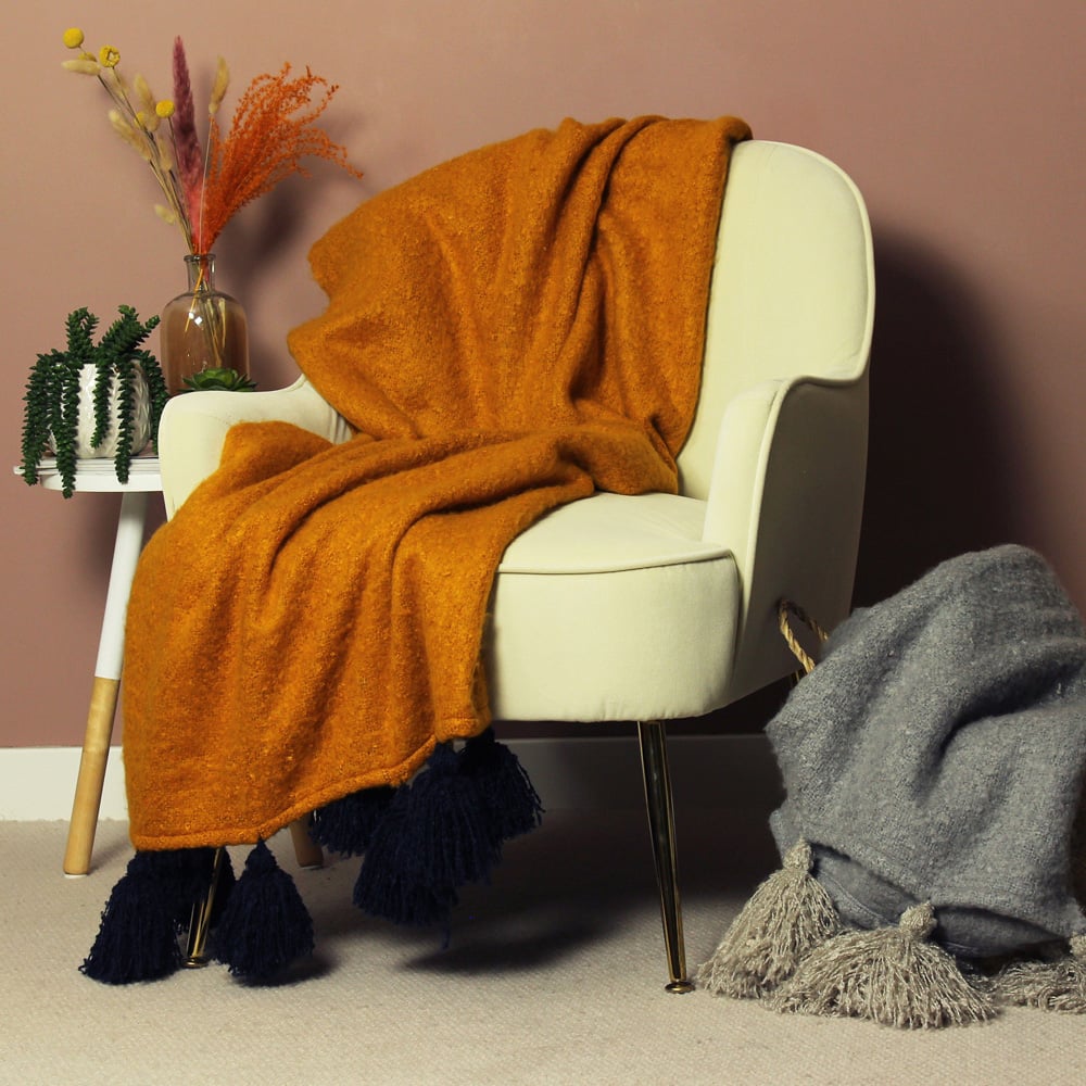 furn. Romily Gold and Navy Tasselled Throw 130 x 180cm Image 2