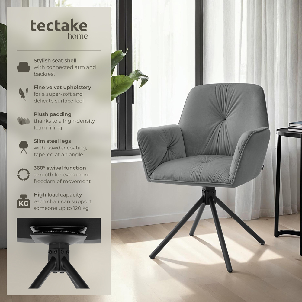 tectake Lenia Set of 2 Anthracite and Black Velvet Look Padded Swivel Chair Image 3