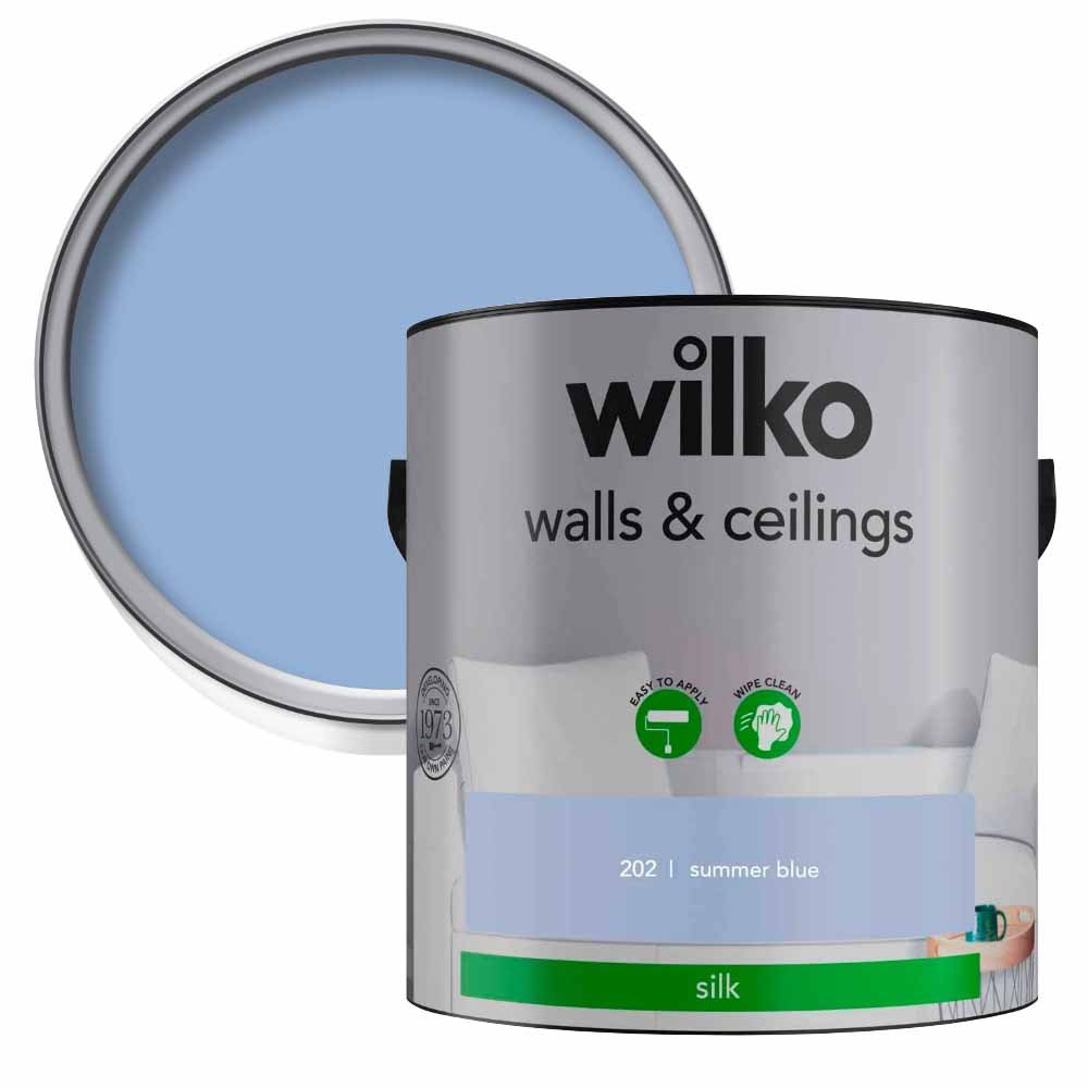 Wilko Walls & Ceilings Summer Blue Silk Emulsion Paint 2.5L Image 1