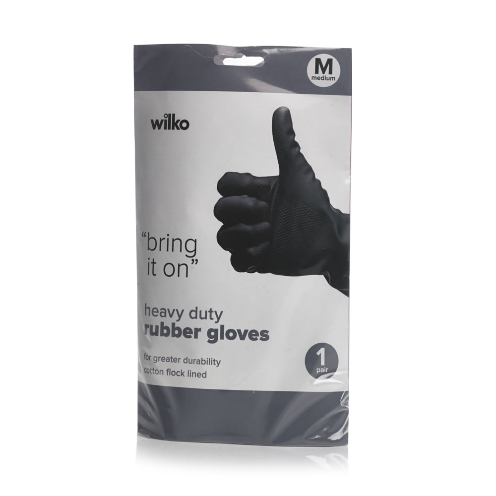 Wilko Medium Heavy Duty Rubber Gloves Pull on a pair of our heavy duty rubber gloves to protect your hands from the damaging effects of tough jobs around the home and garden. Keep a strong grip thanks to their textured non-slip patterning. Cotton flocked lined for a perfectly comfortable fit. Made from natural latex rubber. May produce an allergic reaction. Keep out of reach of children. Always read label. Size: Medium. Wilko Medium Heavy Duty Rubber Gloves