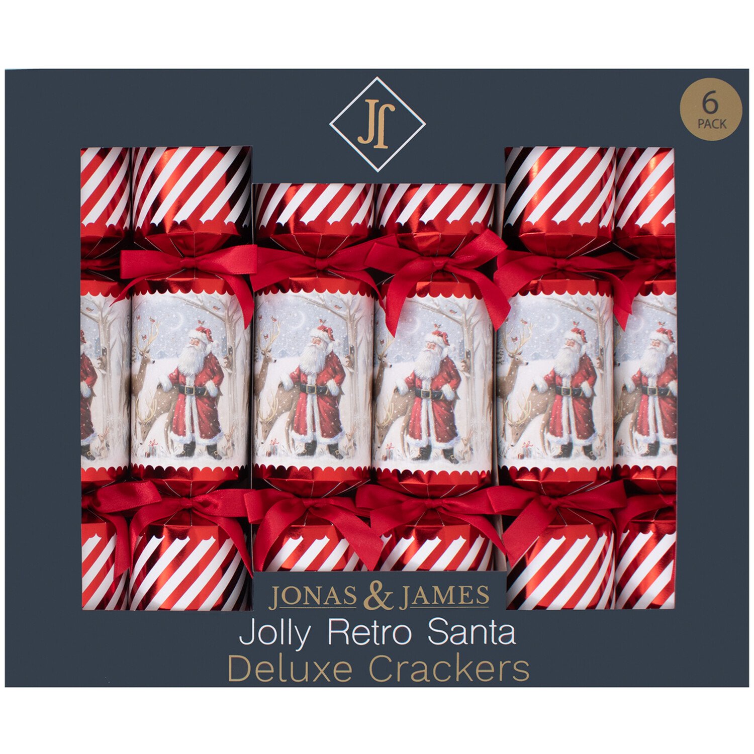 Pack of 6 Jolly Retro Santa Deluxe Crackers Red Image 1