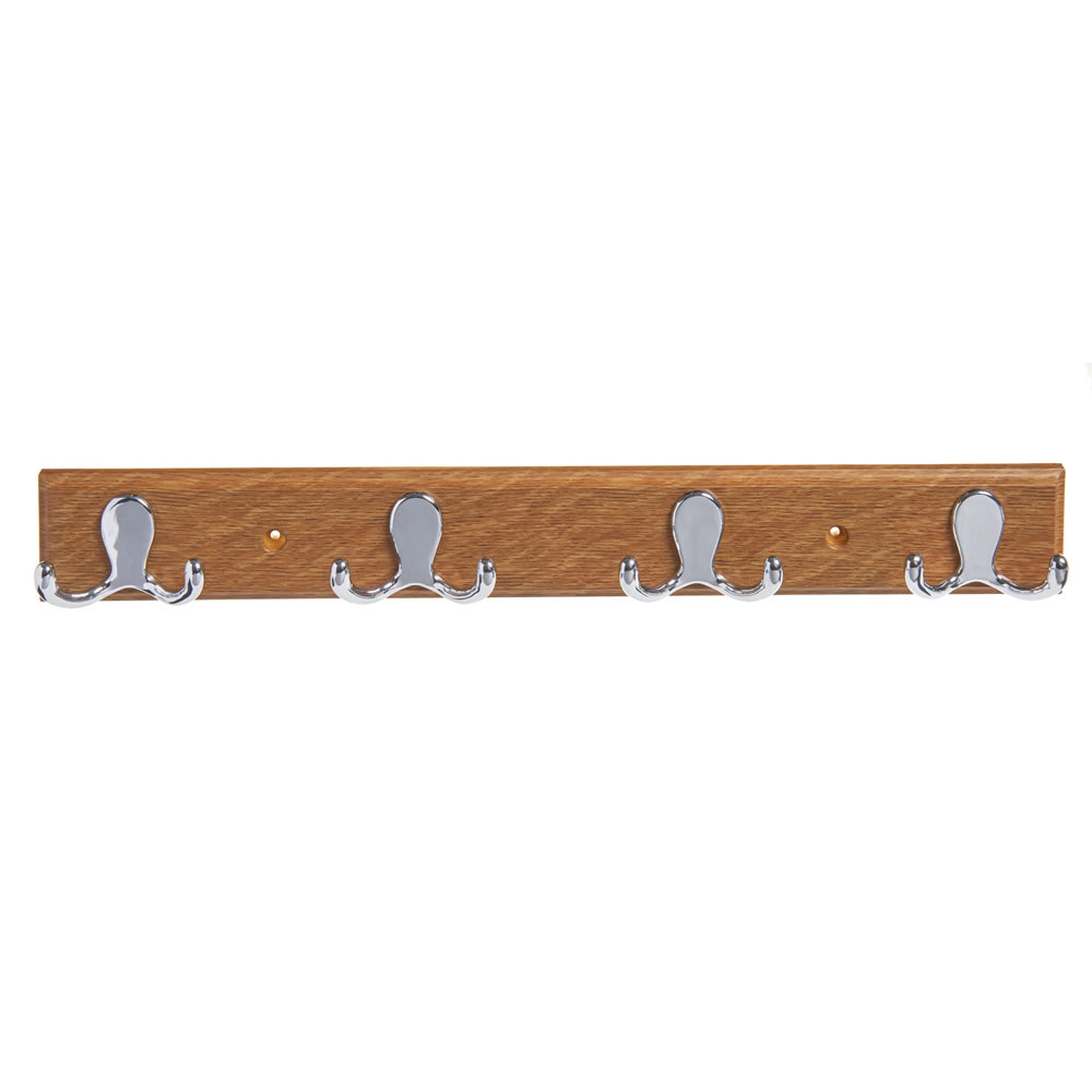 Wilko Wood Effect and Chrome Effect Twin Hook Rail with 4 Hooks Image