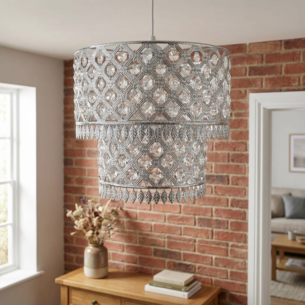 Silver Crystal Leaf Tip Tier Pendant Shade Image 4