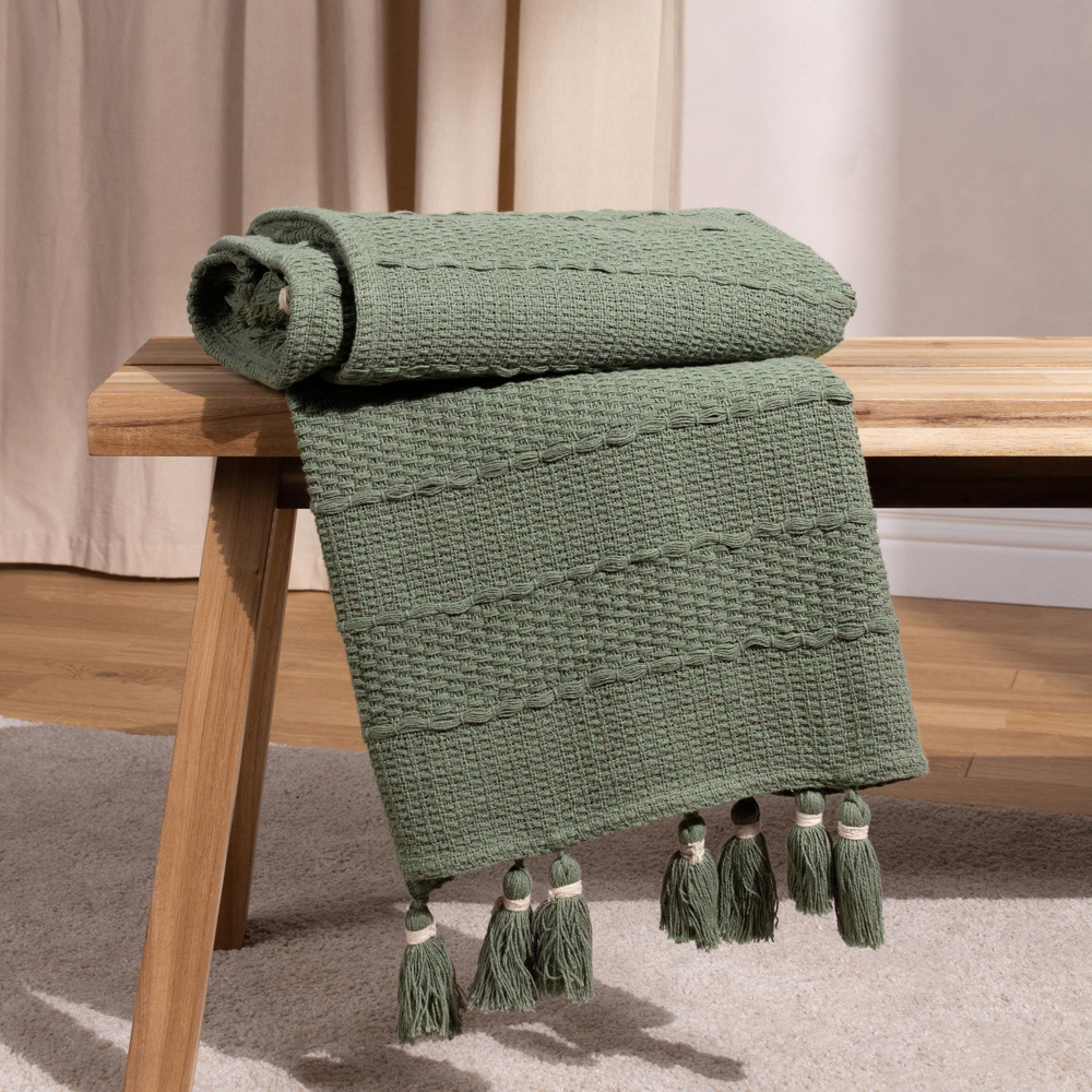 Yard Caliche Khaki Green Woven Tasselled Throw 130 x 180cm Image 2