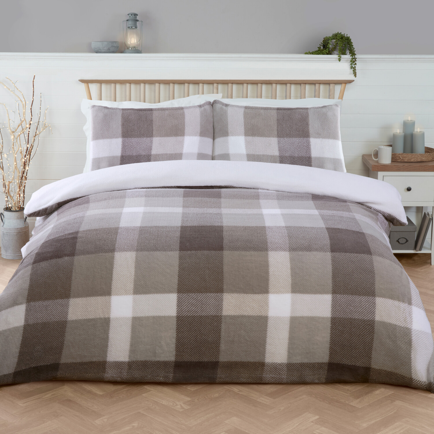 Teddy Fleece Check Duvet Set Grey King Image 1