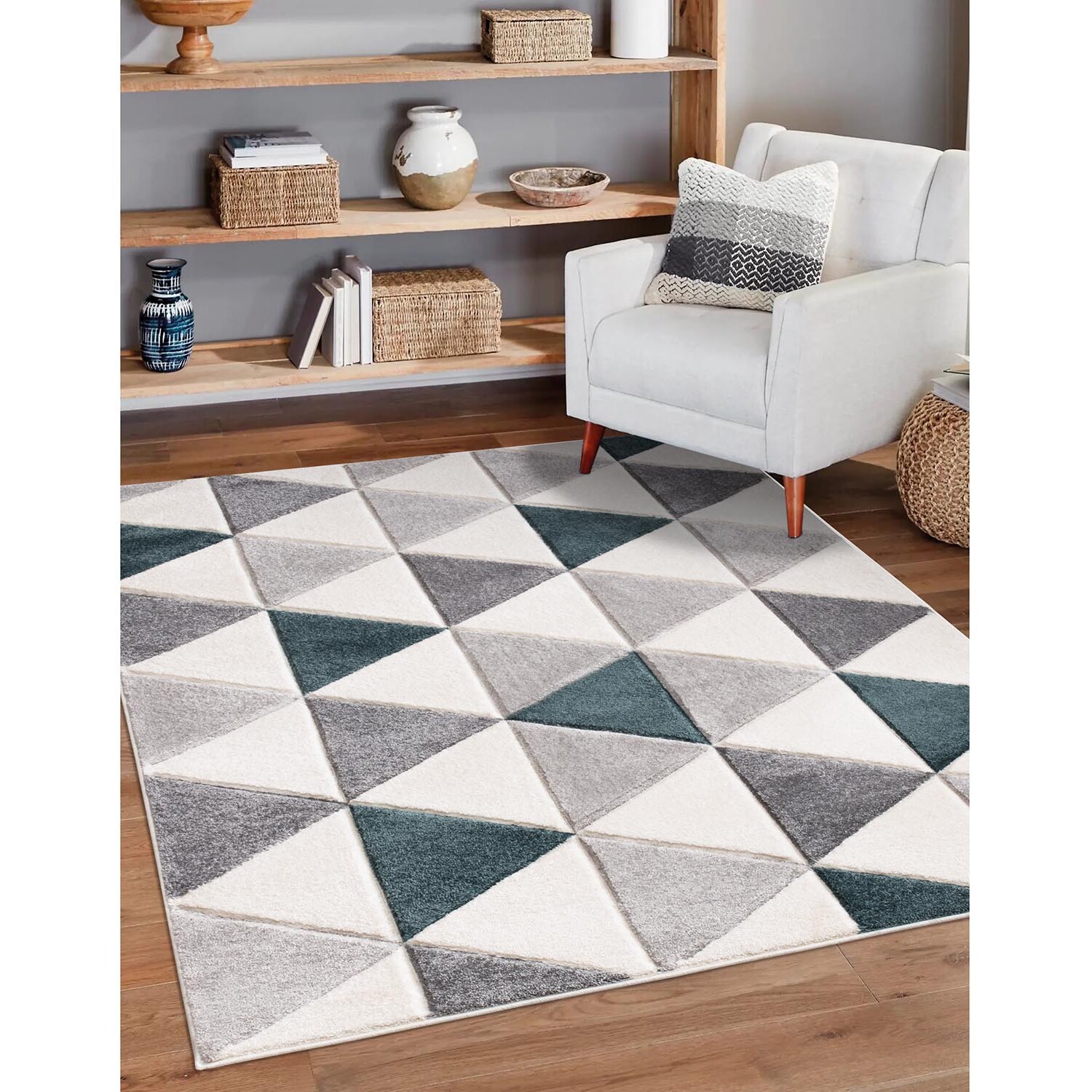 Modern Triangle Geo Rug - Teal and Grey / 120cm Image 3