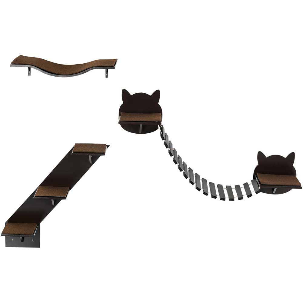 PawHut 3 PCs Wall Mounted Cat Tree Cat Shelves Climbing Shelf Set - Brown Image 1