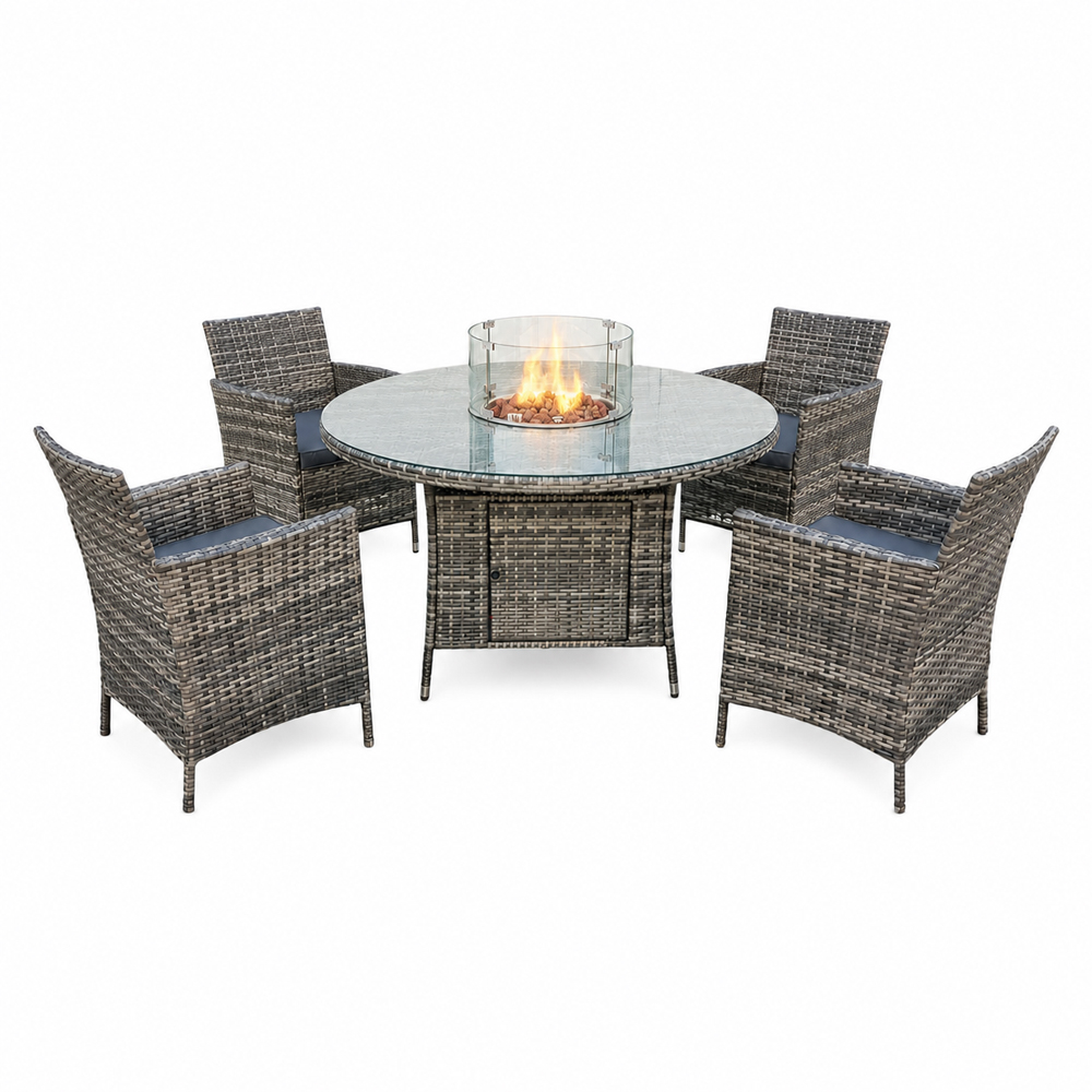 Outdoor Living 4 Seater Rattan Round Firepit Dining Set Image 4